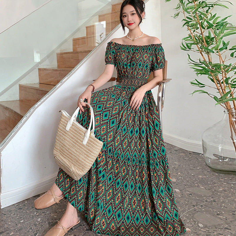 Summer Ethnic-style Elastic-waist Beach Bohemian Shoulder Dress
