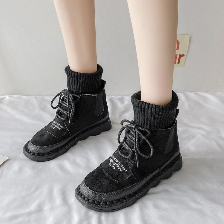 Martin Boots Women's Thick-soled Flying Knitting Yarn Mouth Shoes