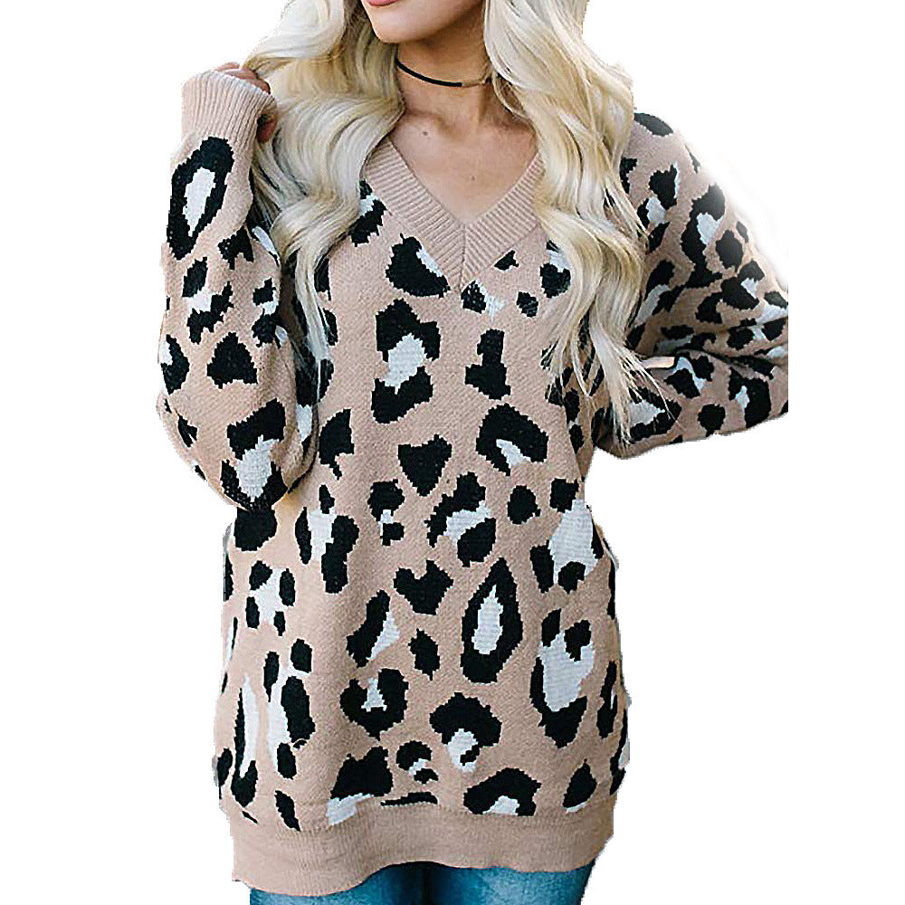 Large Size Three-color Leopard Jacquard V-neck Sweater Women