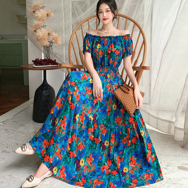 Summer Ethnic-style Elastic-waist Beach Bohemian Shoulder Dress