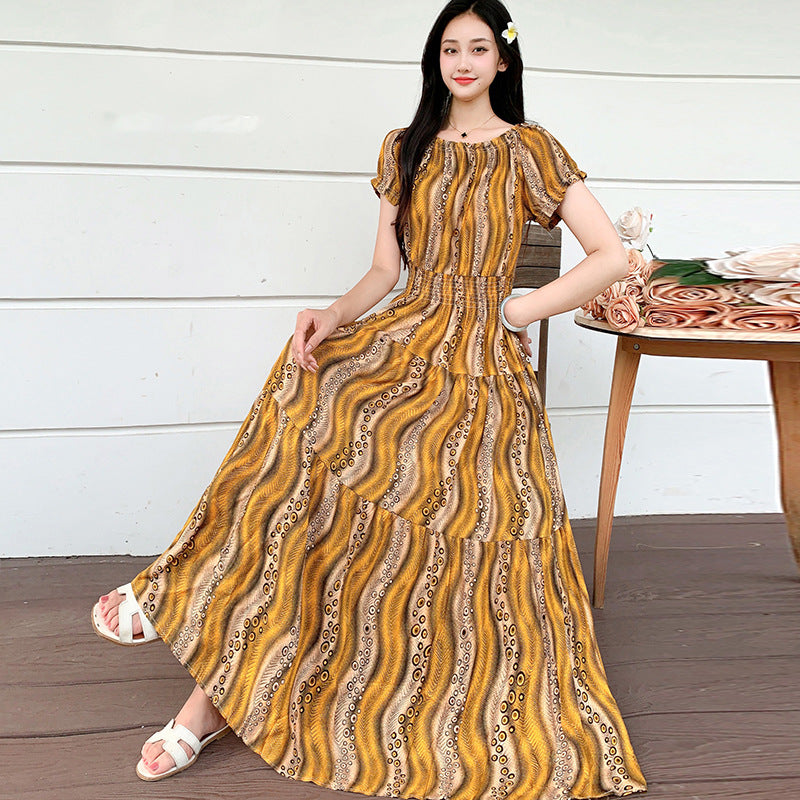 Summer Ethnic-style Elastic-waist Beach Bohemian Shoulder Dress