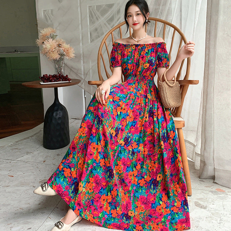 Summer Ethnic-style Elastic-waist Beach Bohemian Shoulder Dress