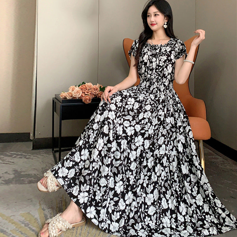 Summer Ethnic-style Elastic-waist Beach Bohemian Shoulder Dress