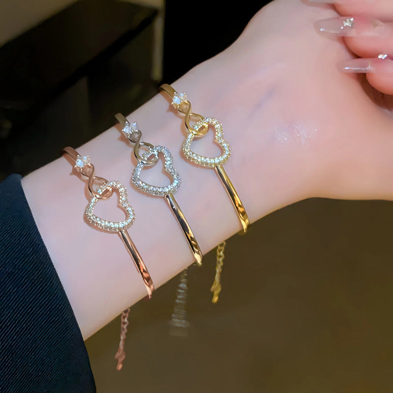 Hollowed-out Diamond-studded Heart Bracelet, Infinity Heart Bangle