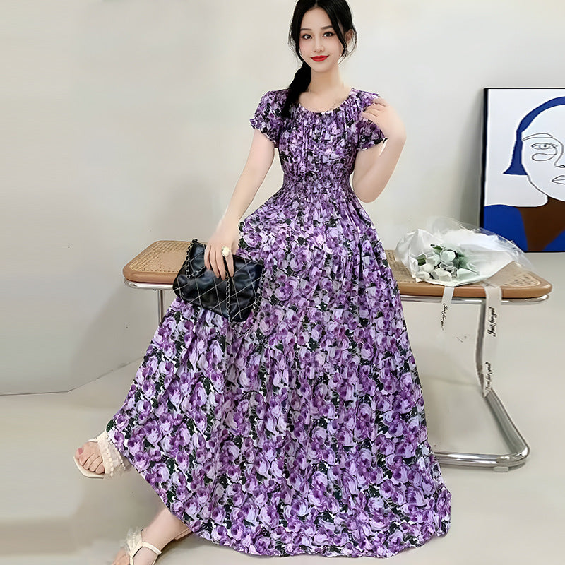 Summer Ethnic-style Elastic-waist Beach Bohemian Shoulder Dress