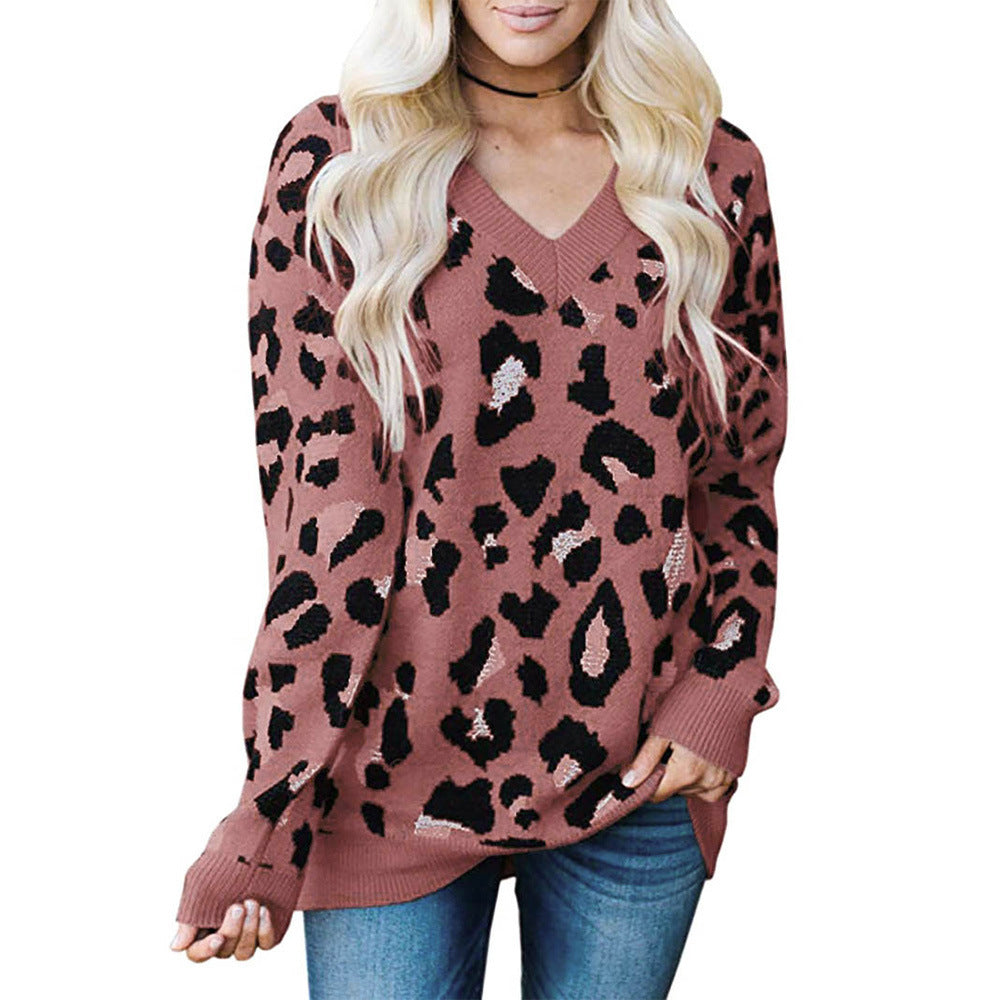 Large Size Three-color Leopard Jacquard V-neck Sweater Women