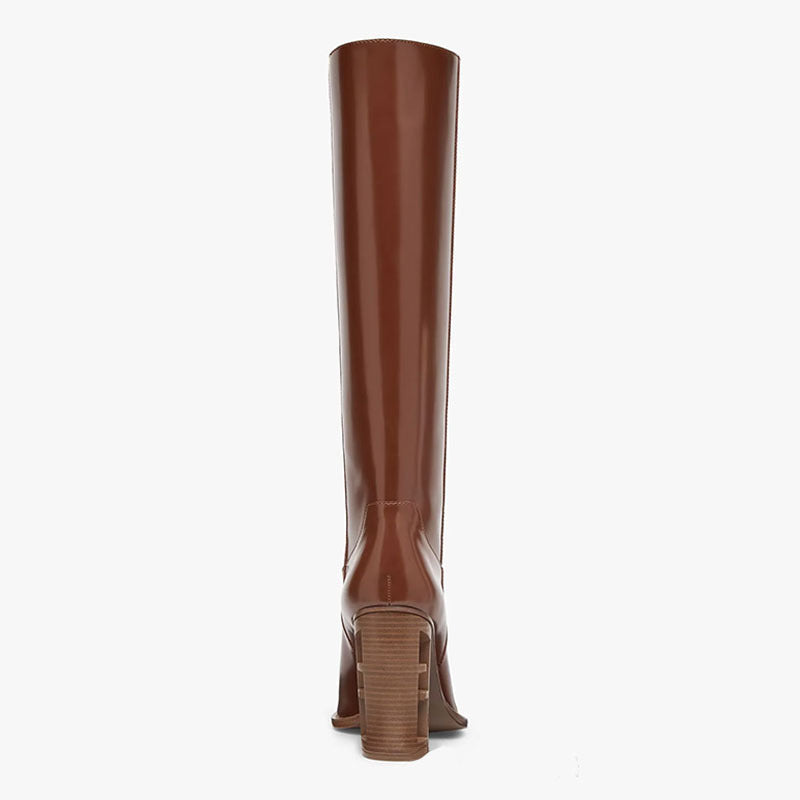 Square Toe Hollow-out Chunky Heel Cowhide Commuter Long Fashion Boots