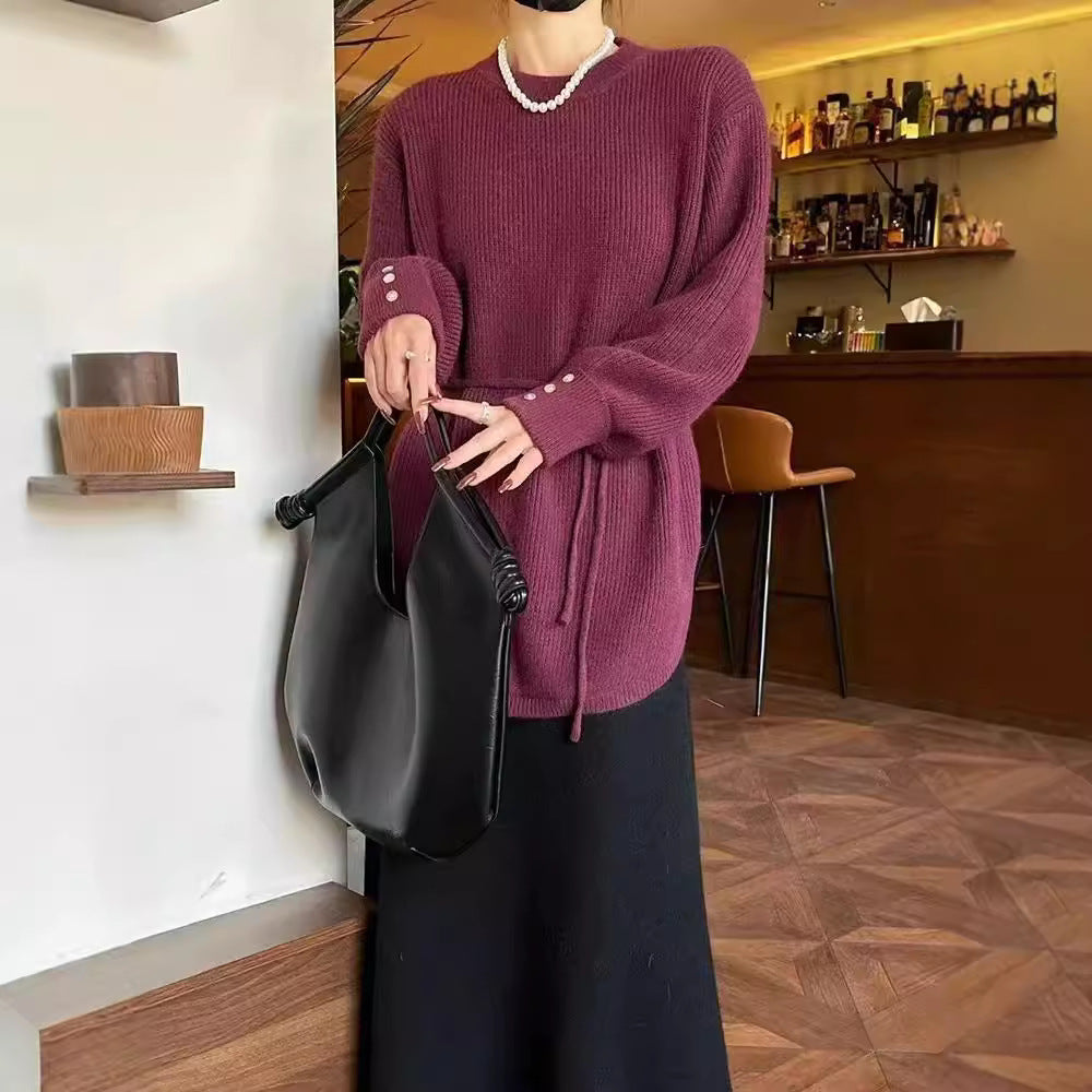 Mid-length Lace-up Loose Round Neck Solid Color Sweater