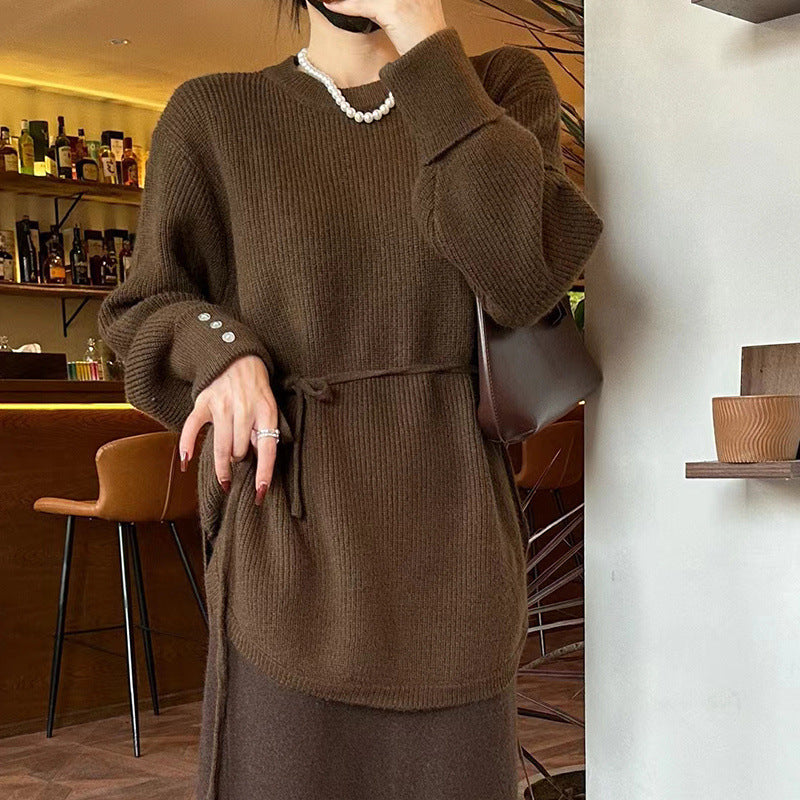Mid-length Lace-up Loose Round Neck Solid Color Sweater