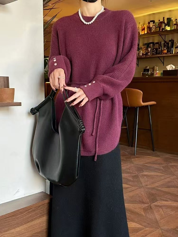Mid-length Lace-up Loose Round Neck Solid Color Sweater