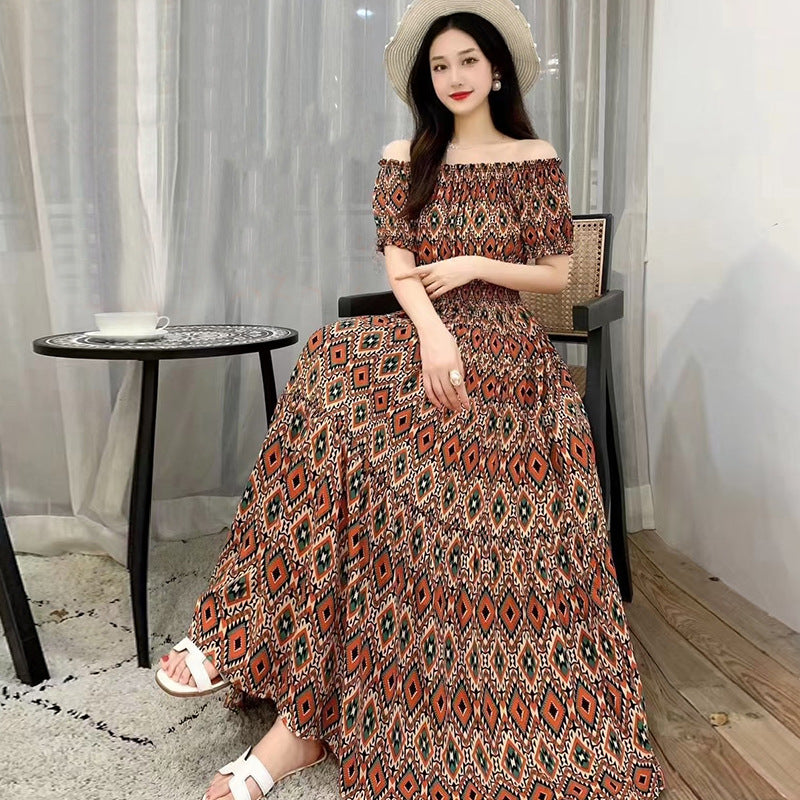 Summer Ethnic-style Elastic-waist Beach Bohemian Shoulder Dress