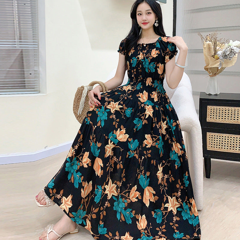 Summer Ethnic-style Elastic-waist Beach Bohemian Shoulder Dress